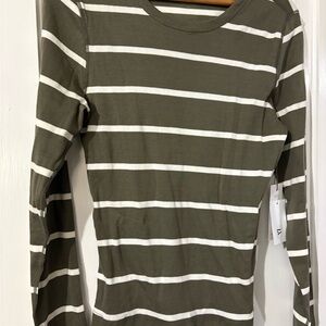 Three Dots Olive and White Striped Long Sleeve Tee